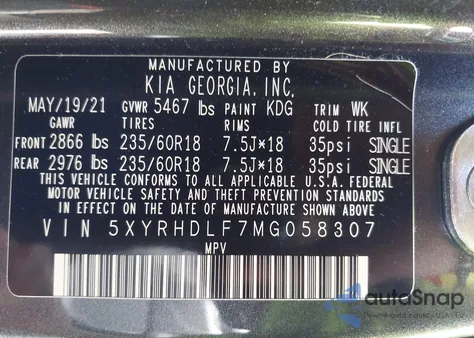 2021 Kia Sorento Ex from USA, damaged, VIN 5XYRHDLF7MG058307